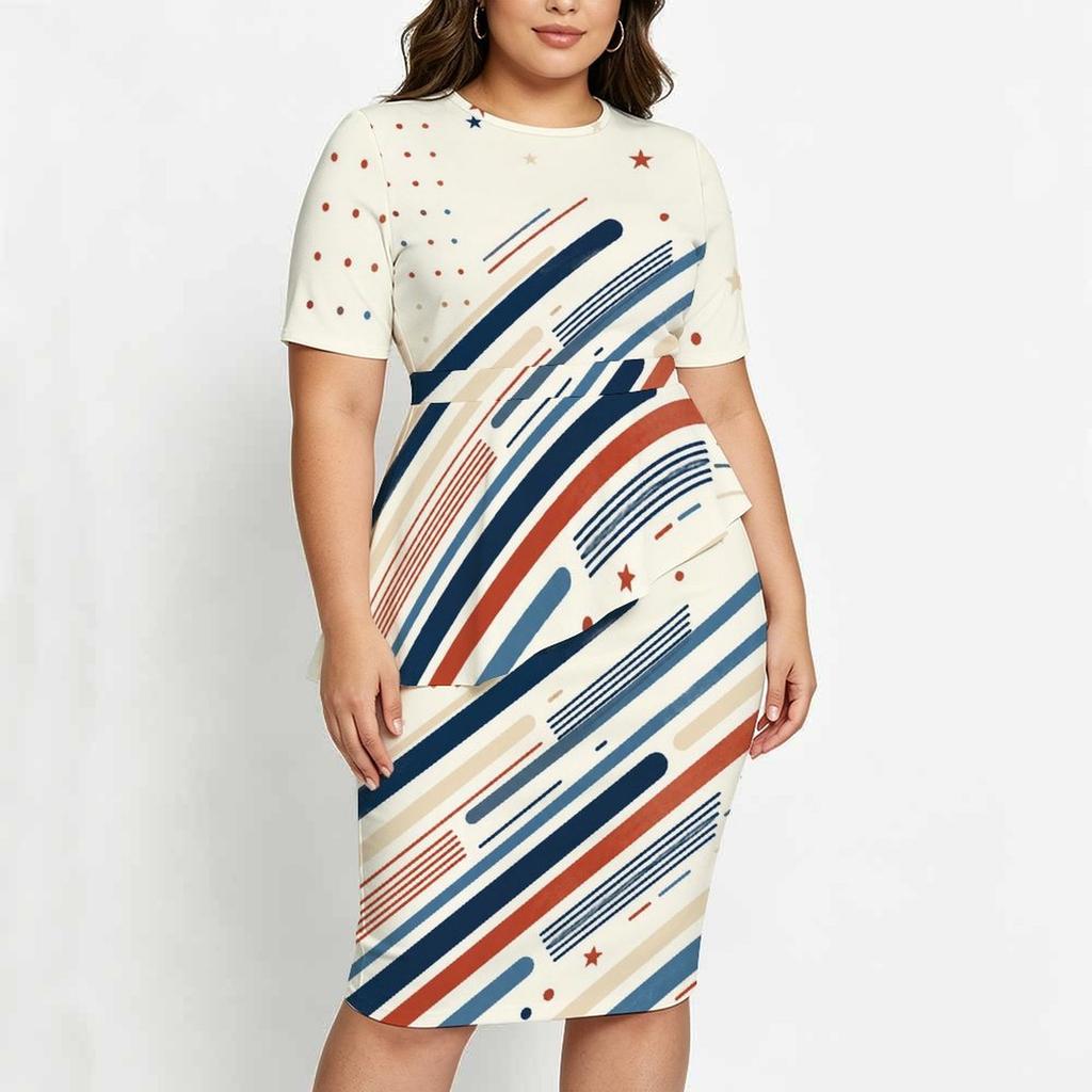 Women Plus Size Round Neck Short Sleeve Printed Asymmetric Top And Fitted Skirt Two Piece Set