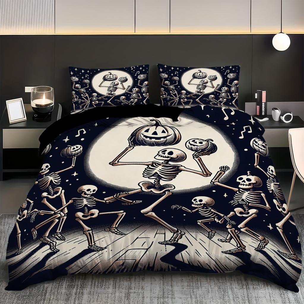 3-piece Halloween themed skeleton and pumpkin patterned duvet cover set, 1 duvet cover+2 pillowcases, coreless