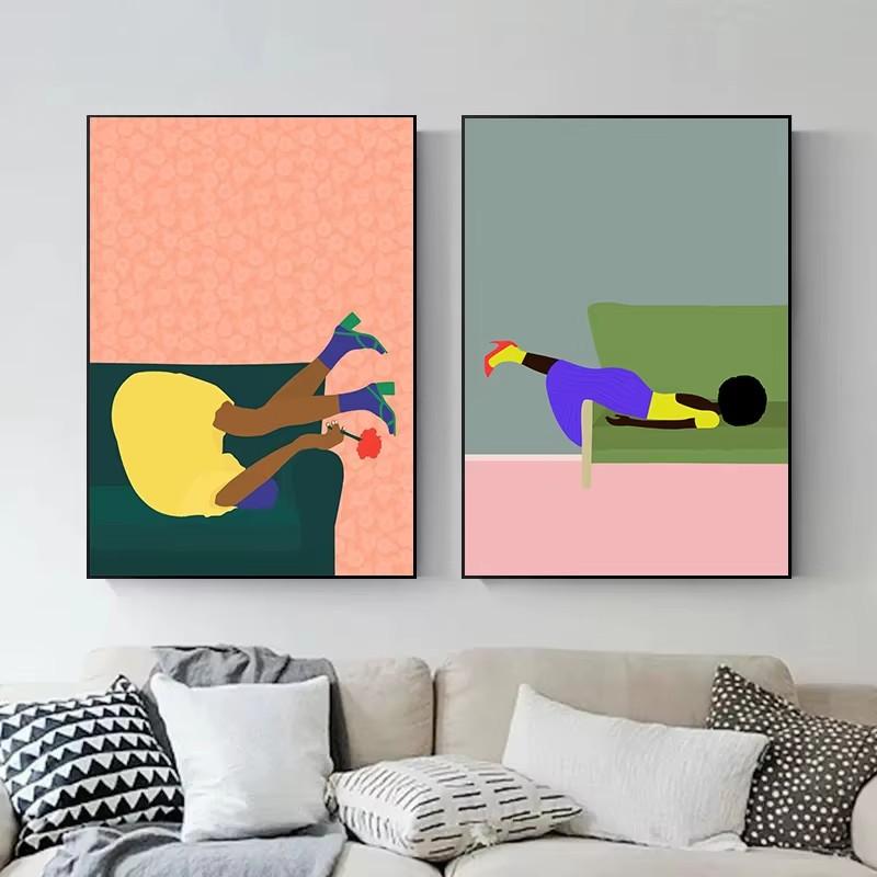 Abstrakte Kunst Frau Stimmung Sofa Dschungel Pyjamas Poster Leinwandmalerei Lustig Alltag Wandkunst Bild Wohnzimmer Heimdekoration