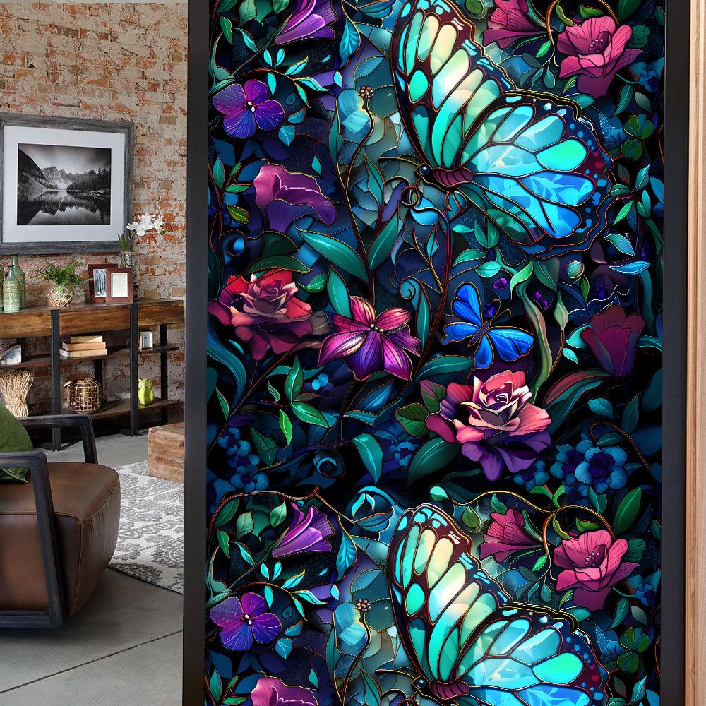 Colorful Retro Floral & Bird Static Cling Window Film - No Glue, Removable