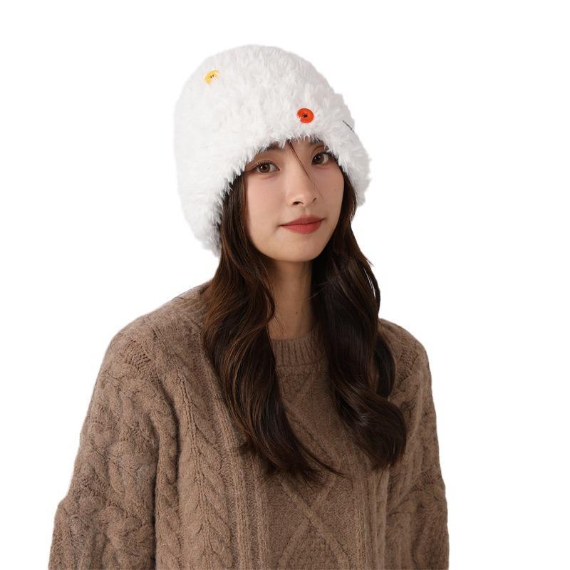 

White deer hat women s autumn and winter plush wool hat thickened warm button shows small face big head circumference imitation leather straw hat