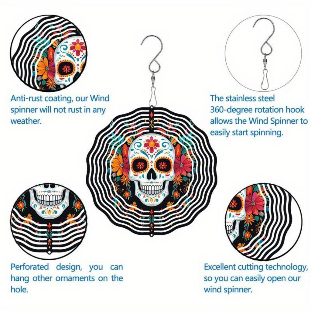 Vibrant Day of the Dead Skull Wind Chime Colorful Floral Skeleton Design 2D Rotating Outdoor Garden Art Festive Wall Decor for Home Yard