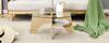 Modern Round Glass Coffee Table – diameter 80 cm with Transparent Top. Fan-shaped Frame, Table Legs MDF Natural Wood Tone. Ideal for Living Room.