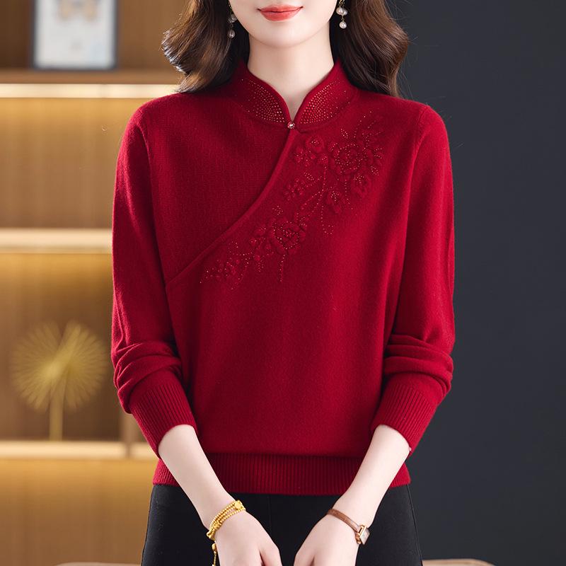 100% Pure Wool Embroidered Qipao Collar Sweater - Red, Age-Defying Knit Base Layer for Women