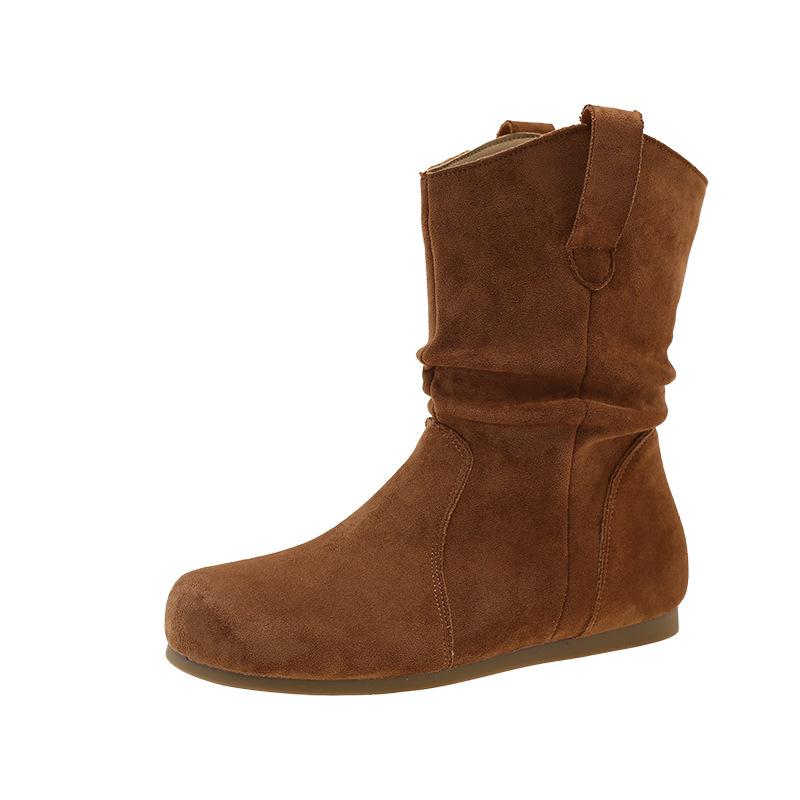 Korean version niche flat-bottomed new 2025 temperament short boots solid color pleated round head retro comfortable women's shoes