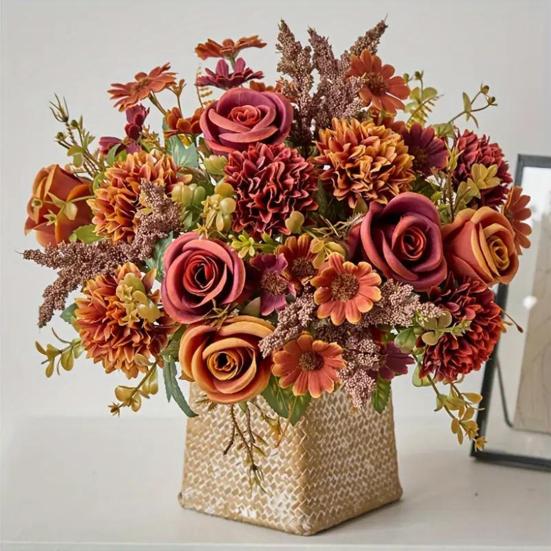 Artificial Rose Flower Bouquet Realistic Mixed Faux Rose Dahlia Chrysanthemum Ball Flower for Wedding Bridal Bouquets Table Centerpieces Baby Shower