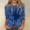 Women Casual Floral Print 3/4 Sleeve Round Neck Blouse Lightweight Soft Fabric Loose Fit Top for Everyday Wear