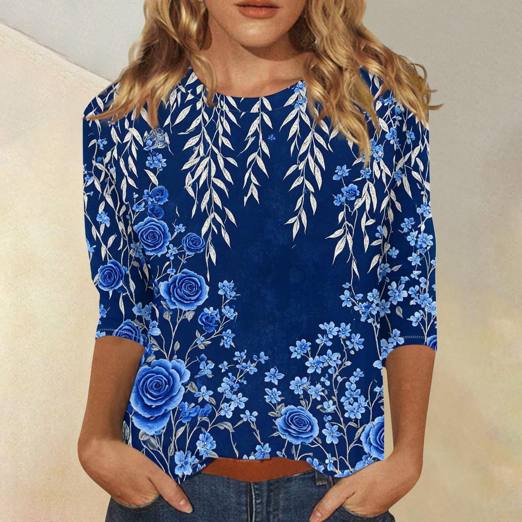 Women Casual Floral Print 3/4 Sleeve Round Neck Blouse Lightweight Soft Fabric Loose Fit Top for Everyday Wear