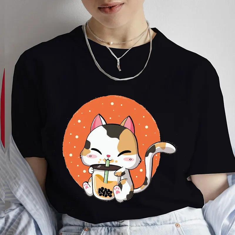 Unisexs Tshirt Casual Kawaii Boba Milk Tea Print Tshirt Bubble Tea Cartoon Unisexs Tee Clothing Cute Cat Anime Tee Shirts Tops