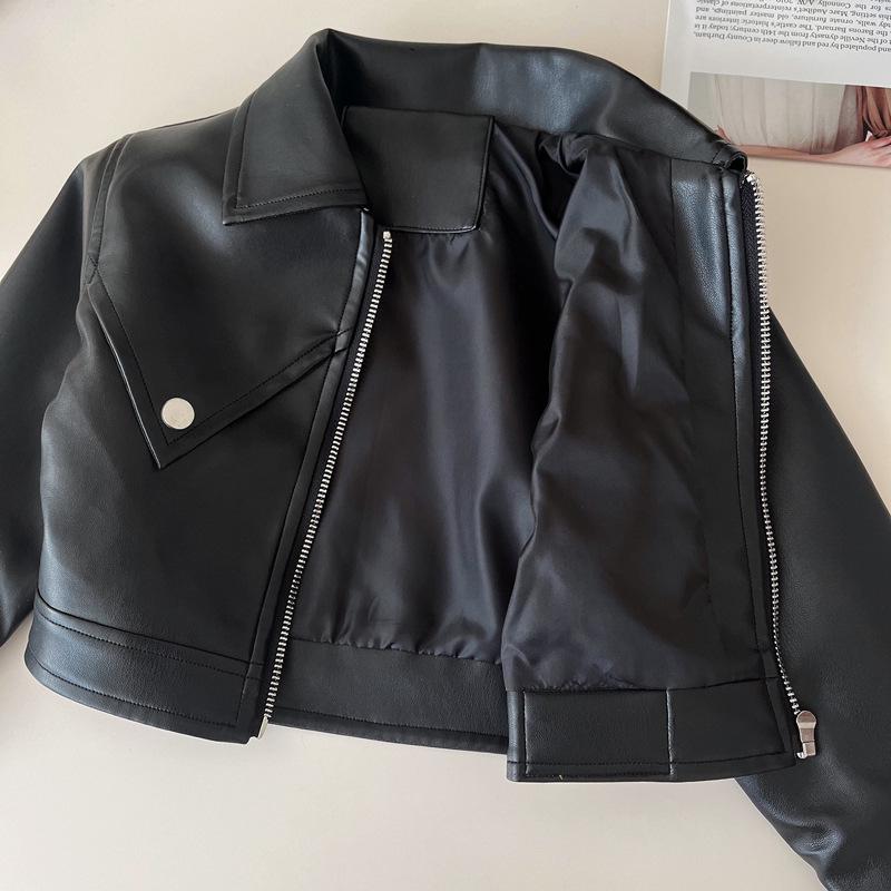 Girls' Autumn PU Leather Biker Outfit: Korean-Style Jacket & Pleated Skirt Set