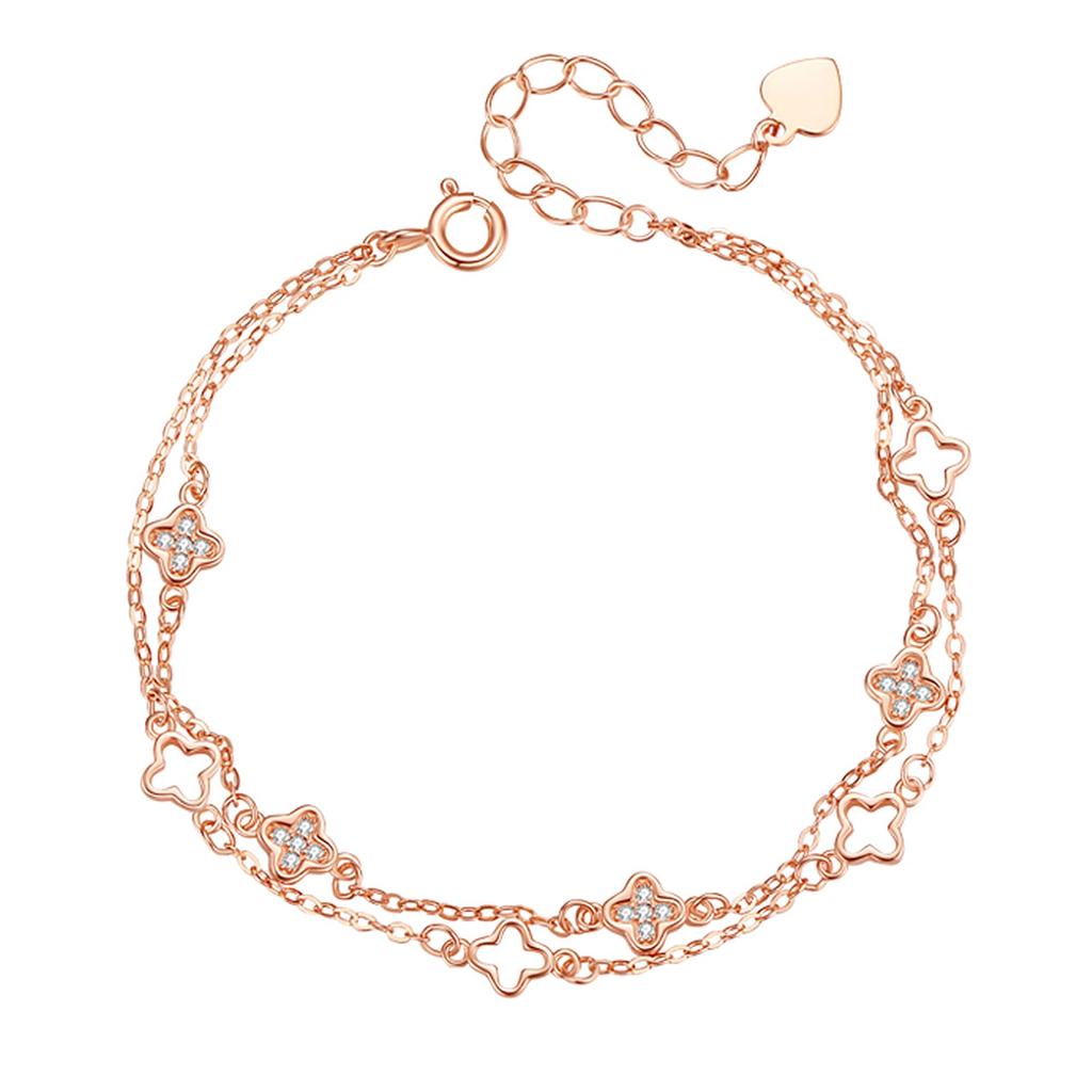 Bracelet for Women 925 pink good luck simple birthday women [Silver Thunder] - 2-strand chain, silver, hypoallergenic, gold, four-leaf clover, charm,