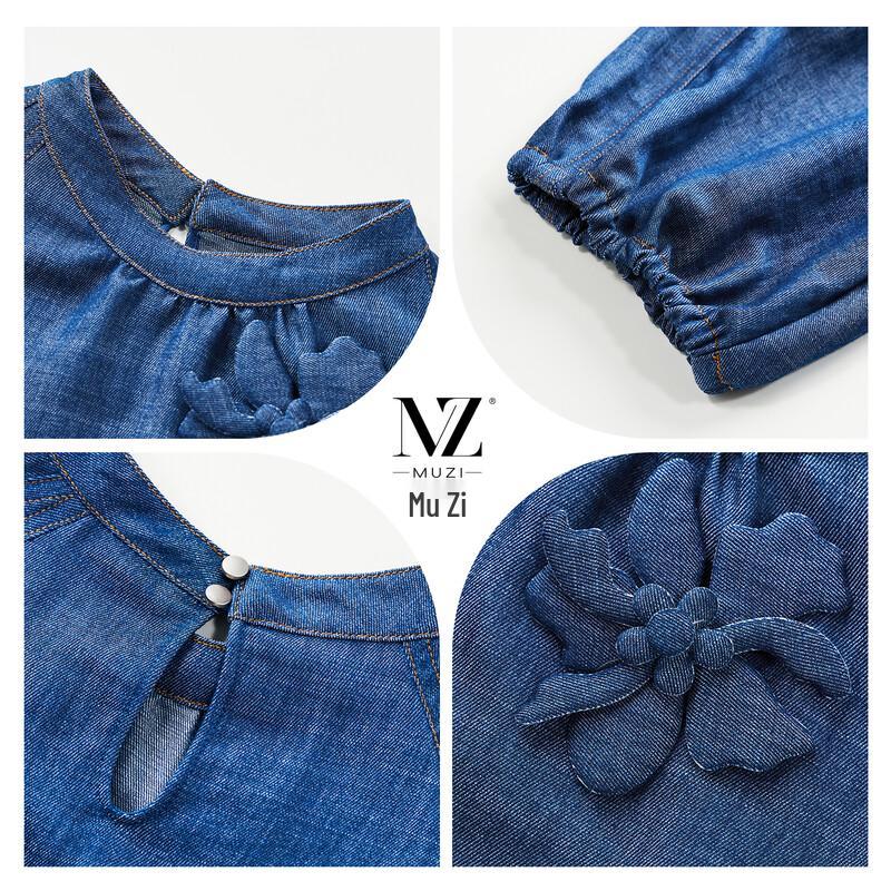 Muzi Women's Vintage Floral Denim-Style 3/4 Sleeve Top