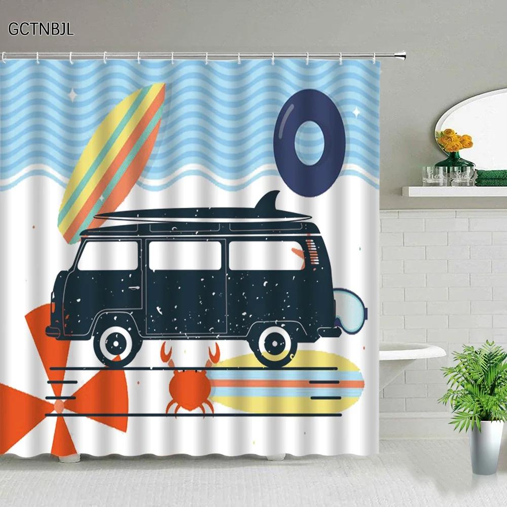 Surf Van Shower Curtain, Waterproof Fabric with Tropical Design for Fun Beach-Themed Bathroom Decor, Adds Coastal Vibes