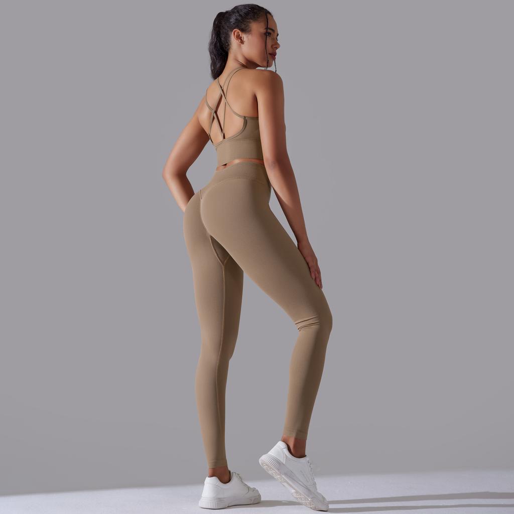 New High Waist Peach Hip Tight Pants Set, Sports Back Yoga Clothes, Running Training Fitness Set, Two Piece Set For Women