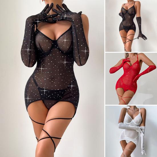 Sexy Mesh Mini Bodycon Dress for Women Sparkly Glitter Sequins Sheer See Through Cami Dress with Thong And Long Gloves