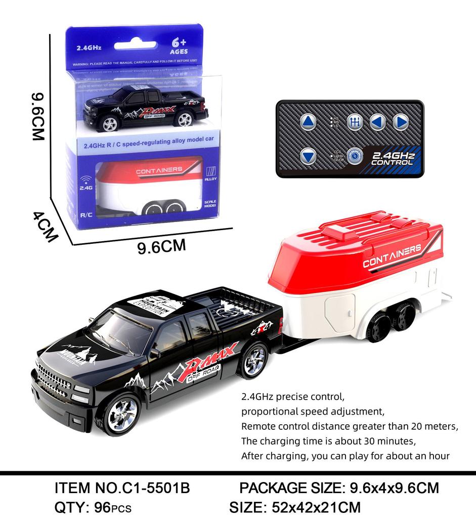 Mini Remote Control Car Toy 2.4G, Adjustable Speed, Lights & Trailer, 1:64 Alloy Simulation Model.
