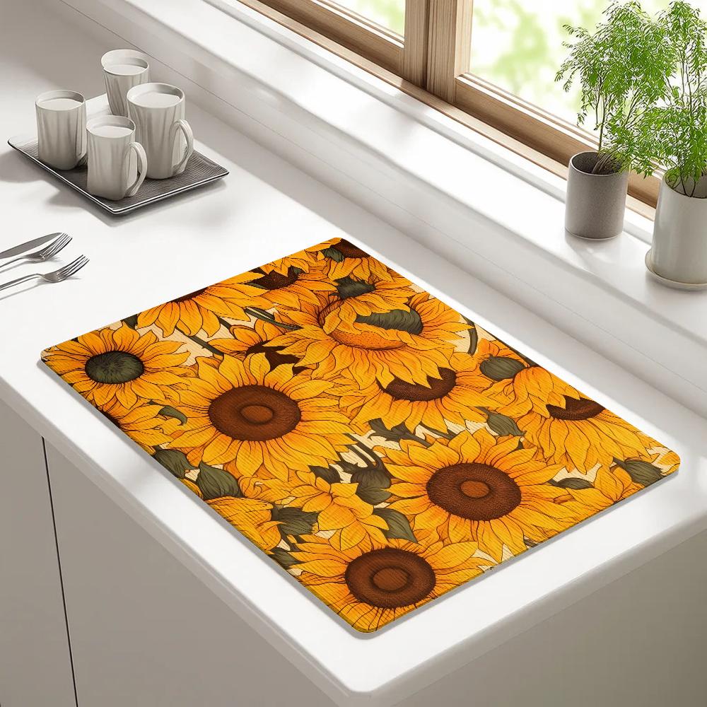 Yellow Sunflower Retro Draining Pad Drying Mat For Kitchen Bar Coffee Dishes Rubber Quick Drying Water Absorbent Anti-slip Mat
