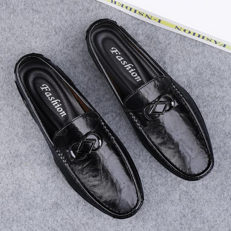 Metal Buckle Loafers Genuine Leather Men's Slip On Flats Comfortable Man Casual Shoes Business Male Driving Footwear Moccasins