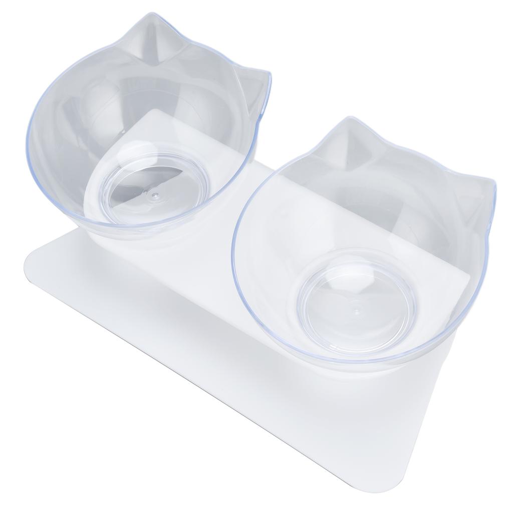 15 degrees  Inclined Cat Double Bowl Neck Guard Pet Feeding Bowl for Home Pet Shop Living Room(White Base Transparent