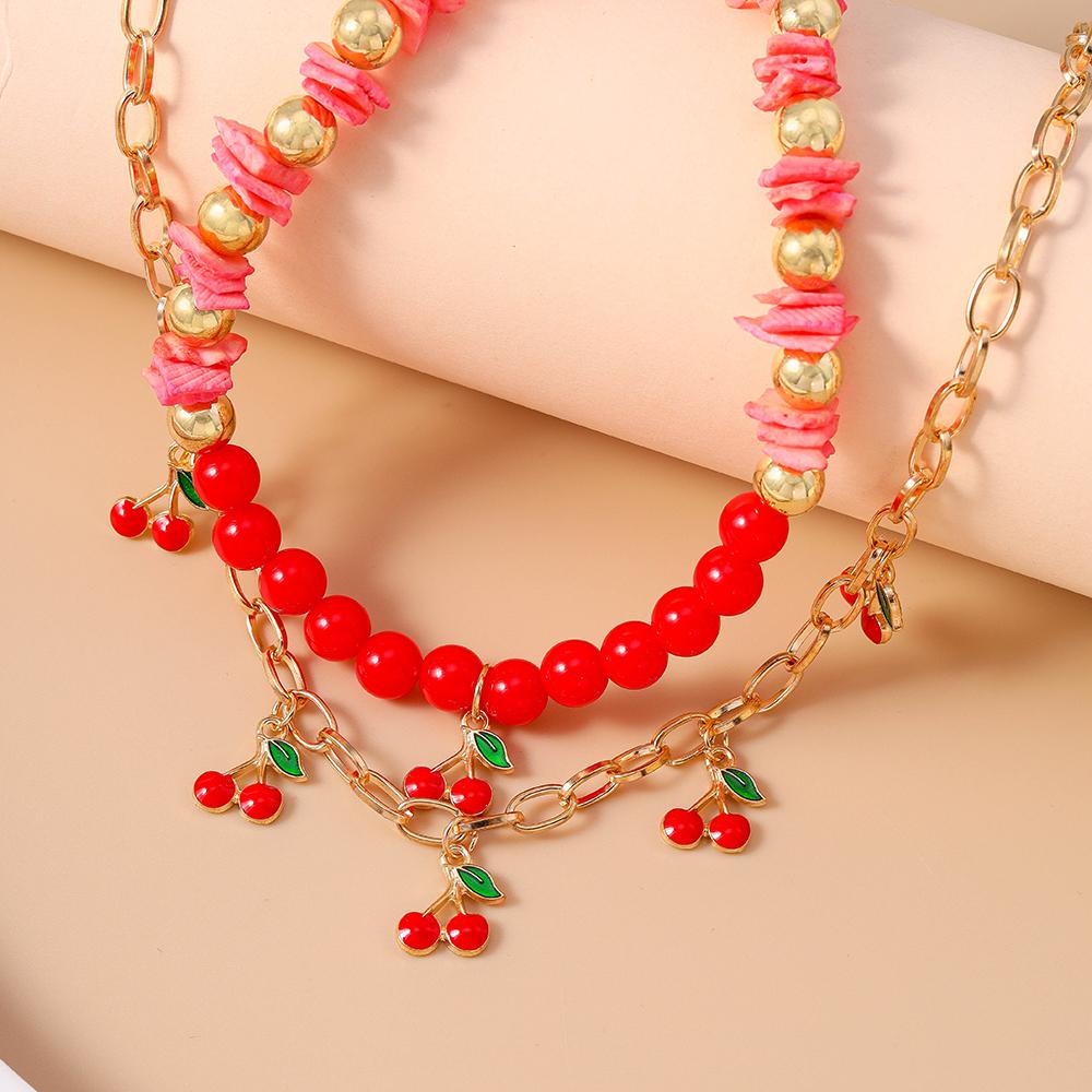 2pcs Cute Fruit Cherry Necklace Multi-layer Beads Choker Necklacec Pendants for Women Girls Party Jewelry Gifts