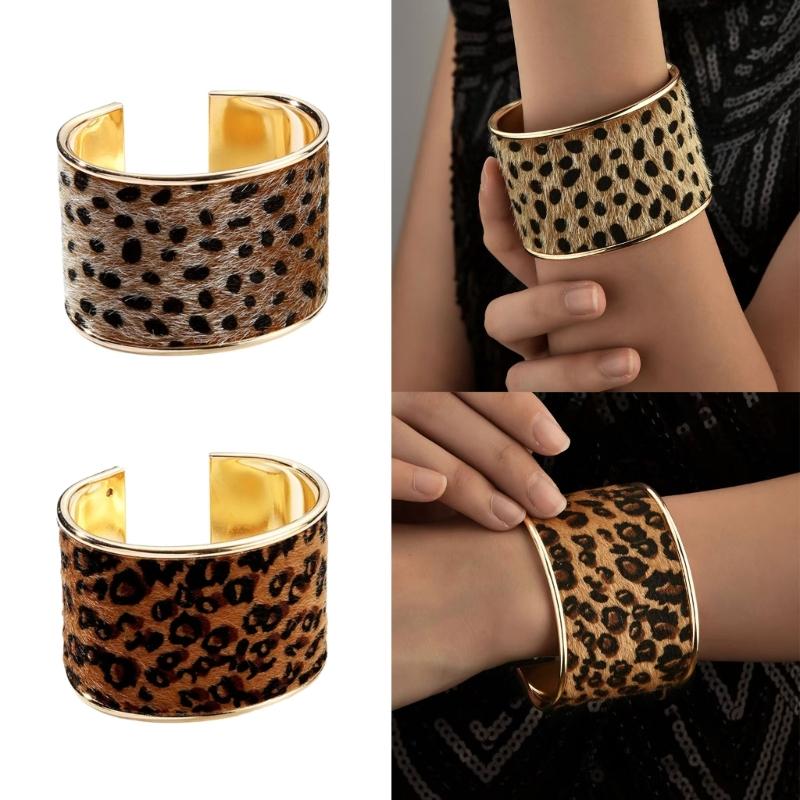 Adjustable Leopard Print Wide Cuff Bracelet Flocking Texture Wristband For Comfort Alloy Construction Stylish Wear