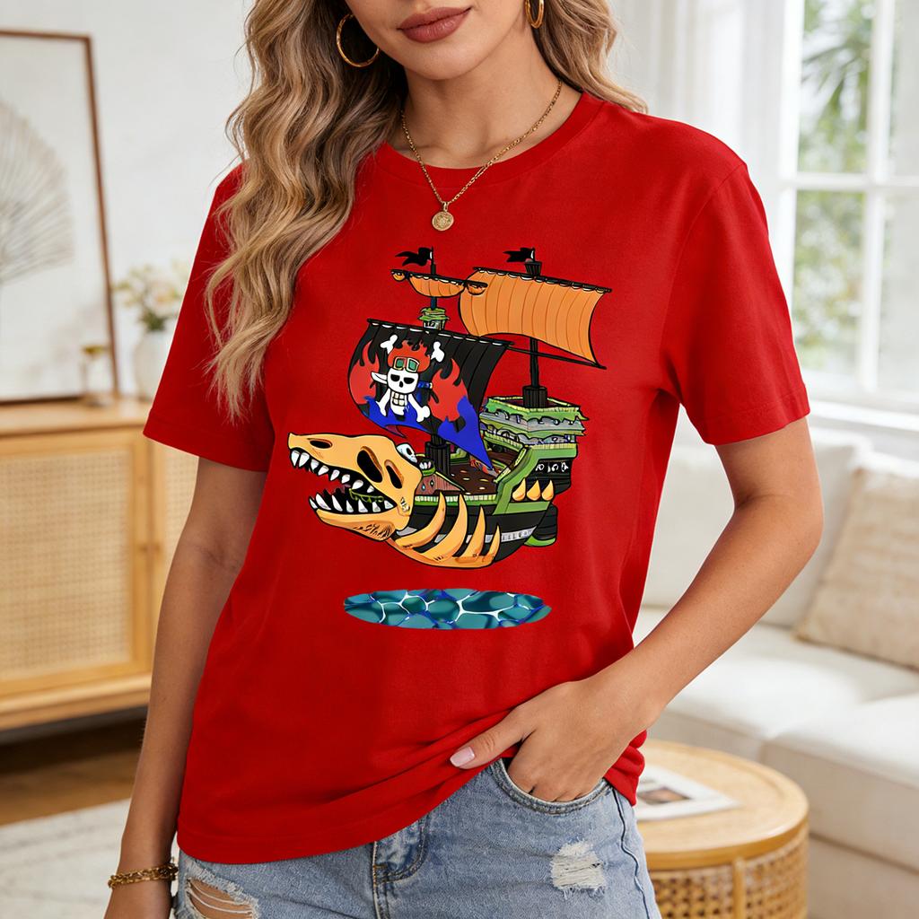 Unisexs Blue Anime TShirt Skull Dinosaur Ship with Goggles Pirate Flag Vibrant Print Cotton Tee for Casual Otaku Daily Streetwear