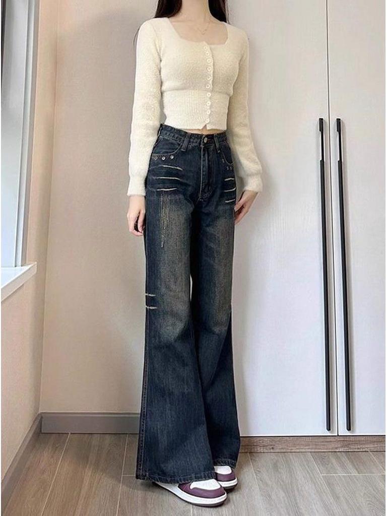 Women's Retro Blue High-Waisted Micro-Flare Jeans - Petite, Slimming, Drapey, Floor-Length (Spring/Summer 2025)