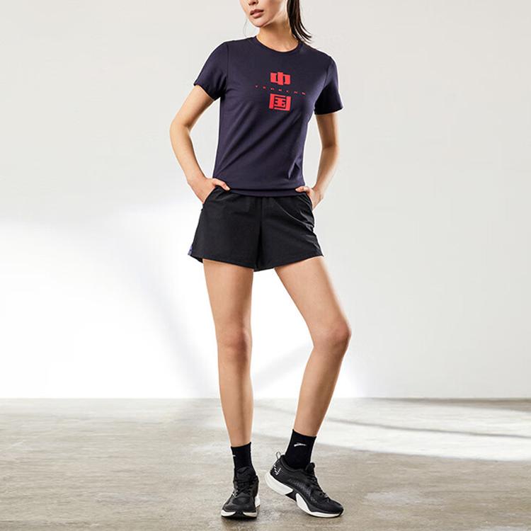 Anta Comprehensive Training Series Letter And Chinese Character Round Neck Short Sleeve T-Shirt Women T-Shirts Navy-Blue 162227147-3