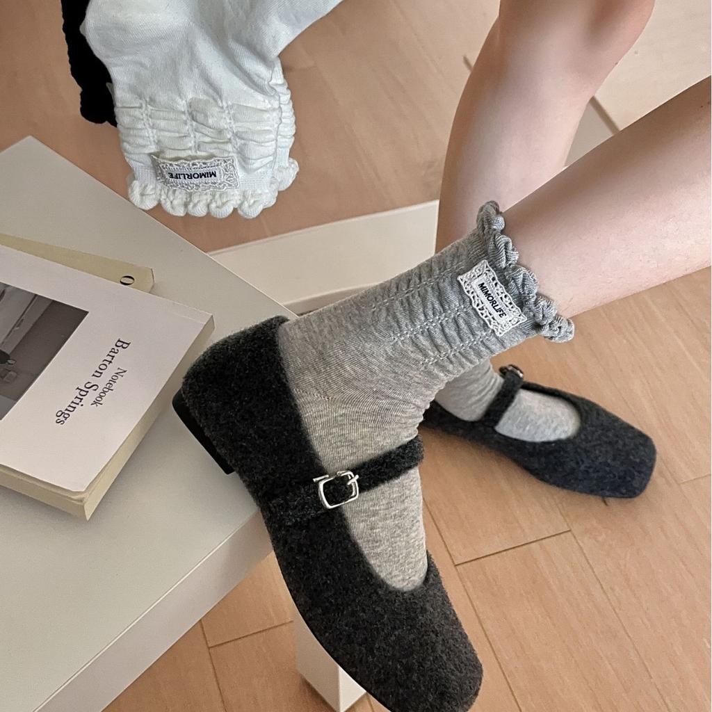 Korean Lace Cloth Label Solid Color Socks Versatile Pleated Lace Medium Tube Socks And Girls' Socks Stacking Socks