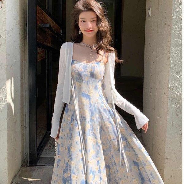 French Blue Oil Painting Long Dress Seaside Vacation Beach Dress Floral Suspender Dress Women's Spring High-end Women's Clothing