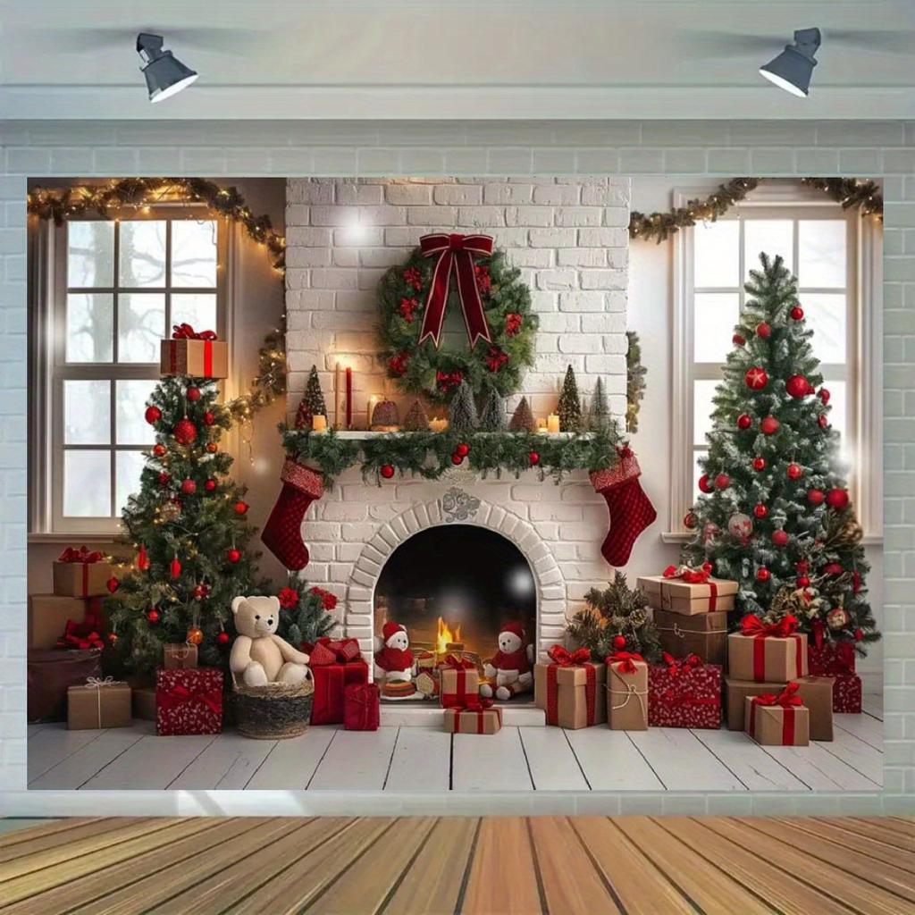 Weißer Kamin-Hintergrundstoff für Weihnachten, Polyester, geeignet für Weihnachtsdekoration und festliche Veranstaltungsdekoration