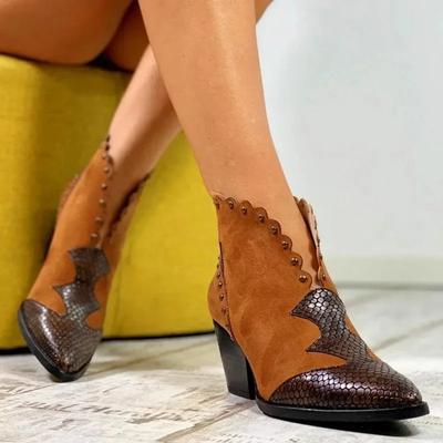Female Autumn Winter Lace PU Leather Cowboy Ankle Boots Snake Print Western Cowgirl Boot Women Wedge High Heel Booties