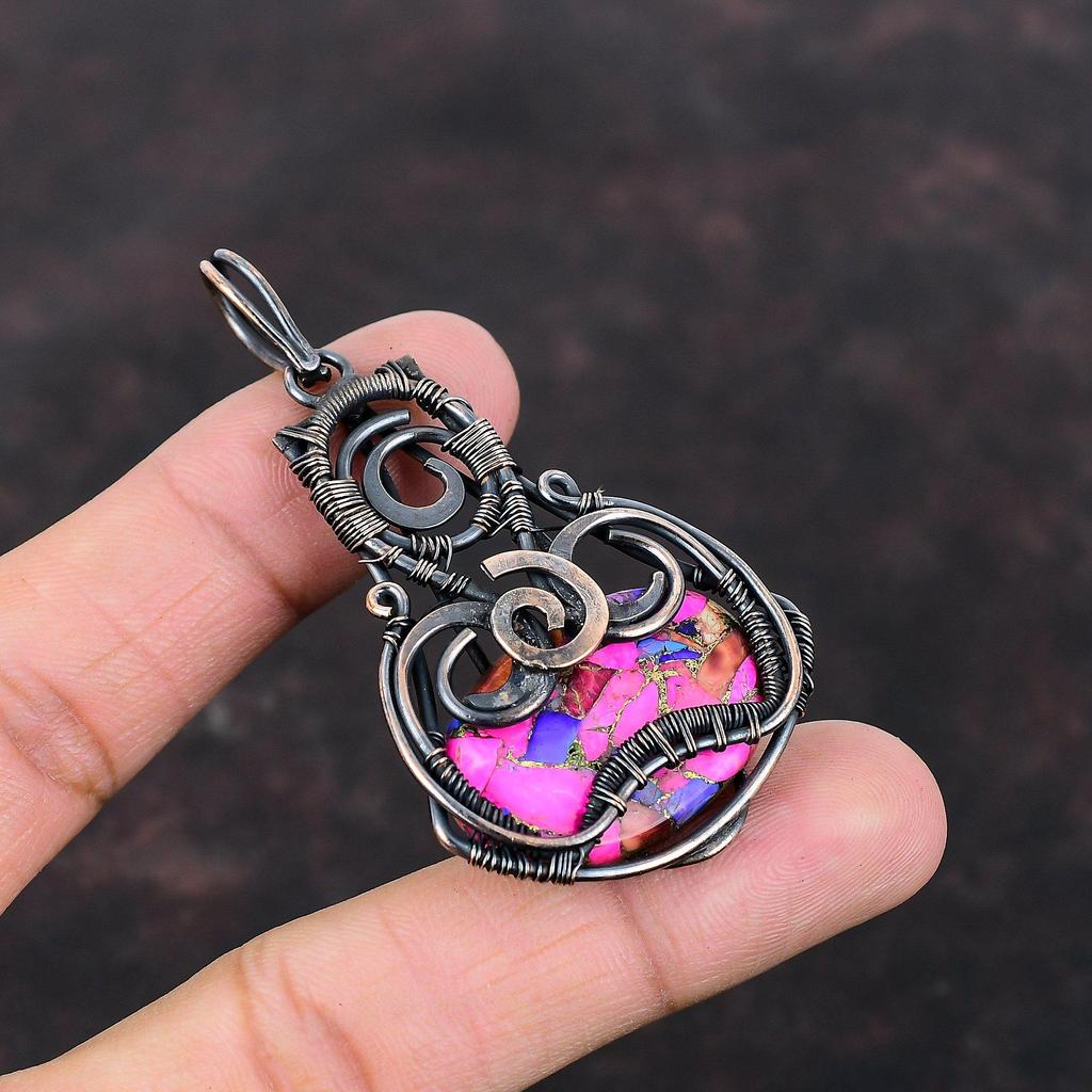 Natürlicher Kingman Pink Dahlie Türkis Anhänger Kupferdraht gewickelt Edelstein Anhänger Handarbeit Schmuck Designer Anhänger Kupfer Schmuck als Geschenk