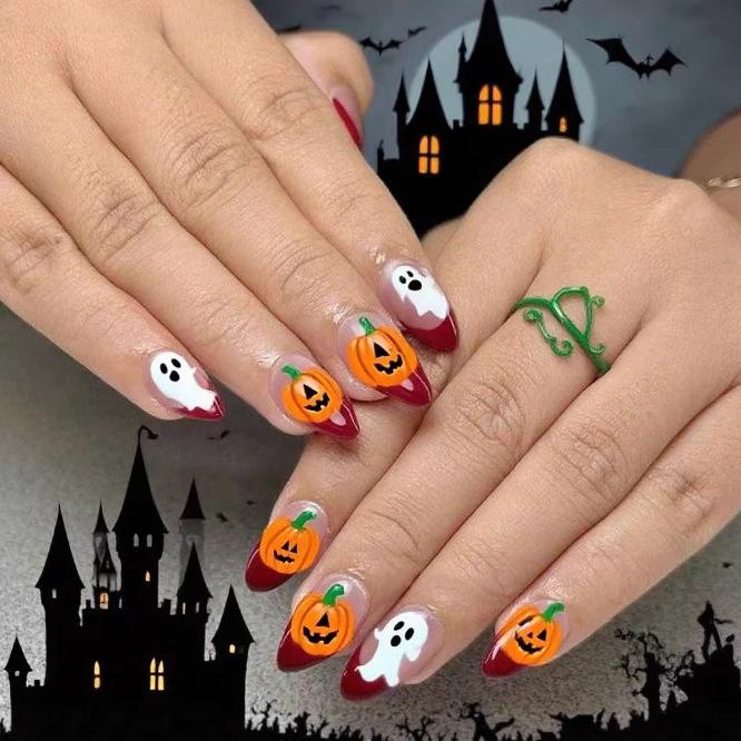 Hot-selling manicure small fresh and cute Halloween French pumpkin ghost long almond wear armor