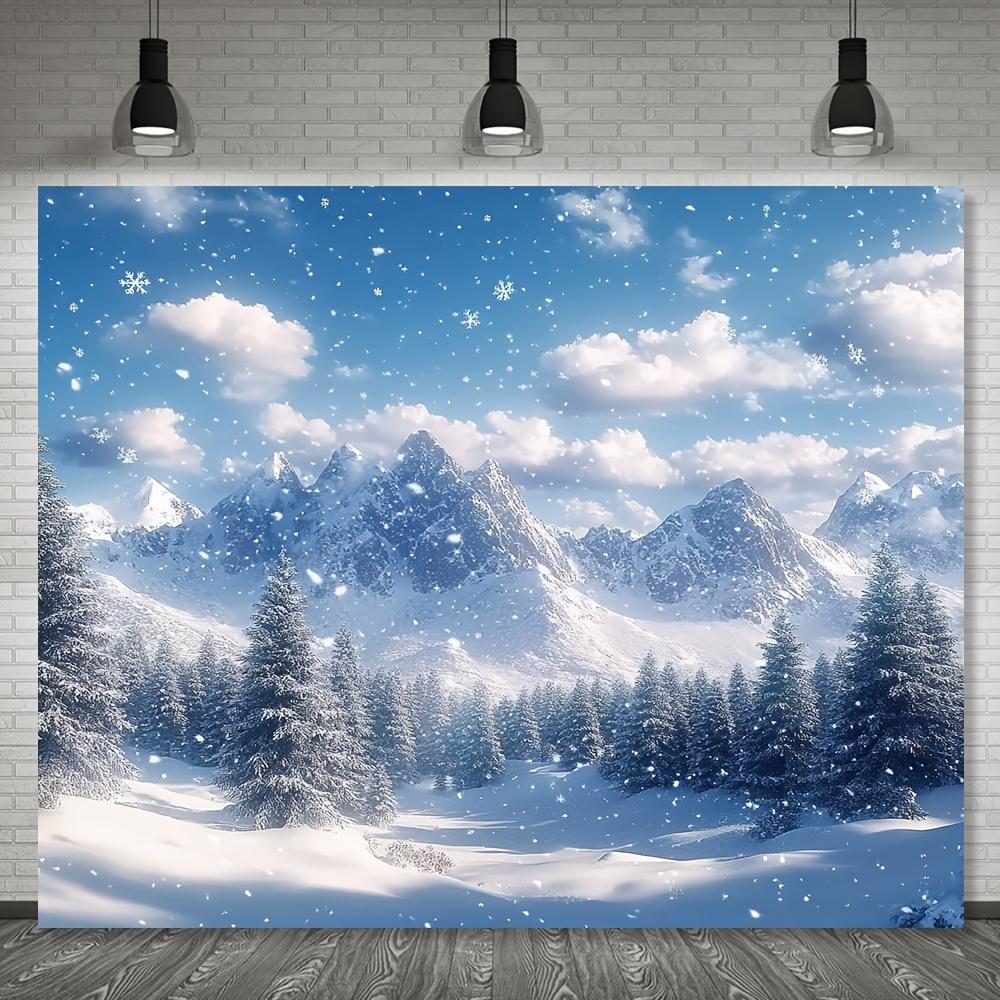 1Pcs Rustic Polyester Winter Wonderland Backdrop, Snowy Mountain and Forest Scene, Needed, Ideal for Christmas Yard  Garden Decor
