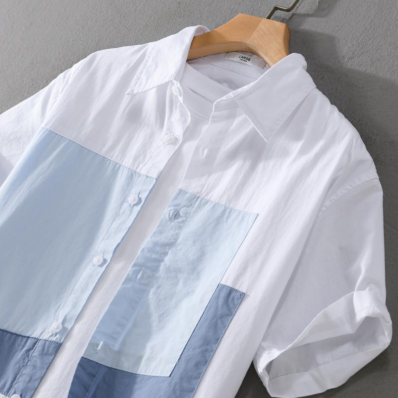 Men's Japanese-Style Summer Color-Block Short-Sleeve Cotton Shirt