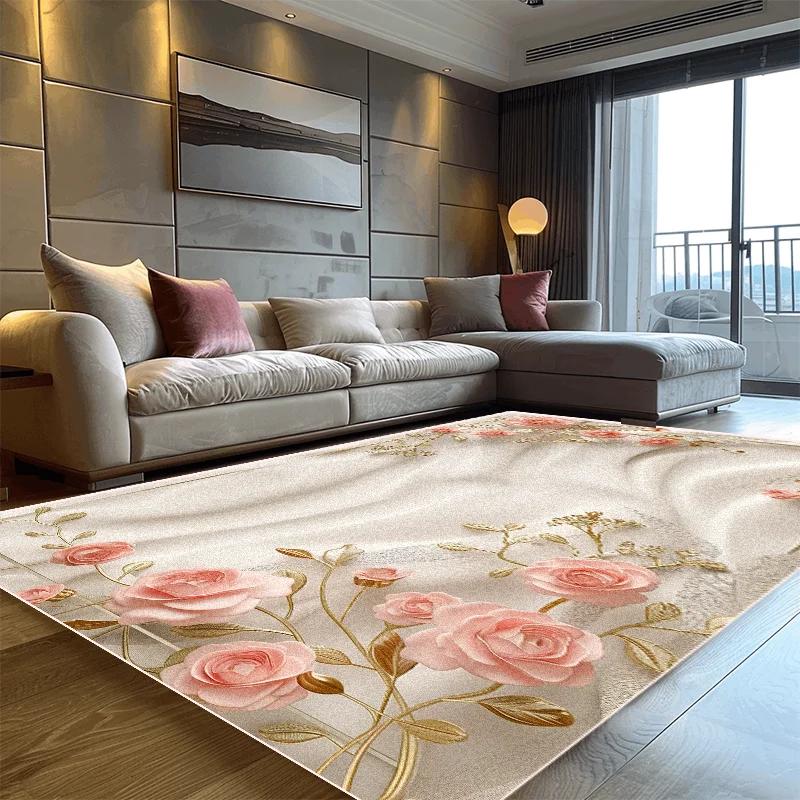 Nordic Luxury Pink Carpet Living Room Large Size Pastoral Flower Home Bedroom Rugs Washable Lounge Rug Hotel Lobby Floor Mats