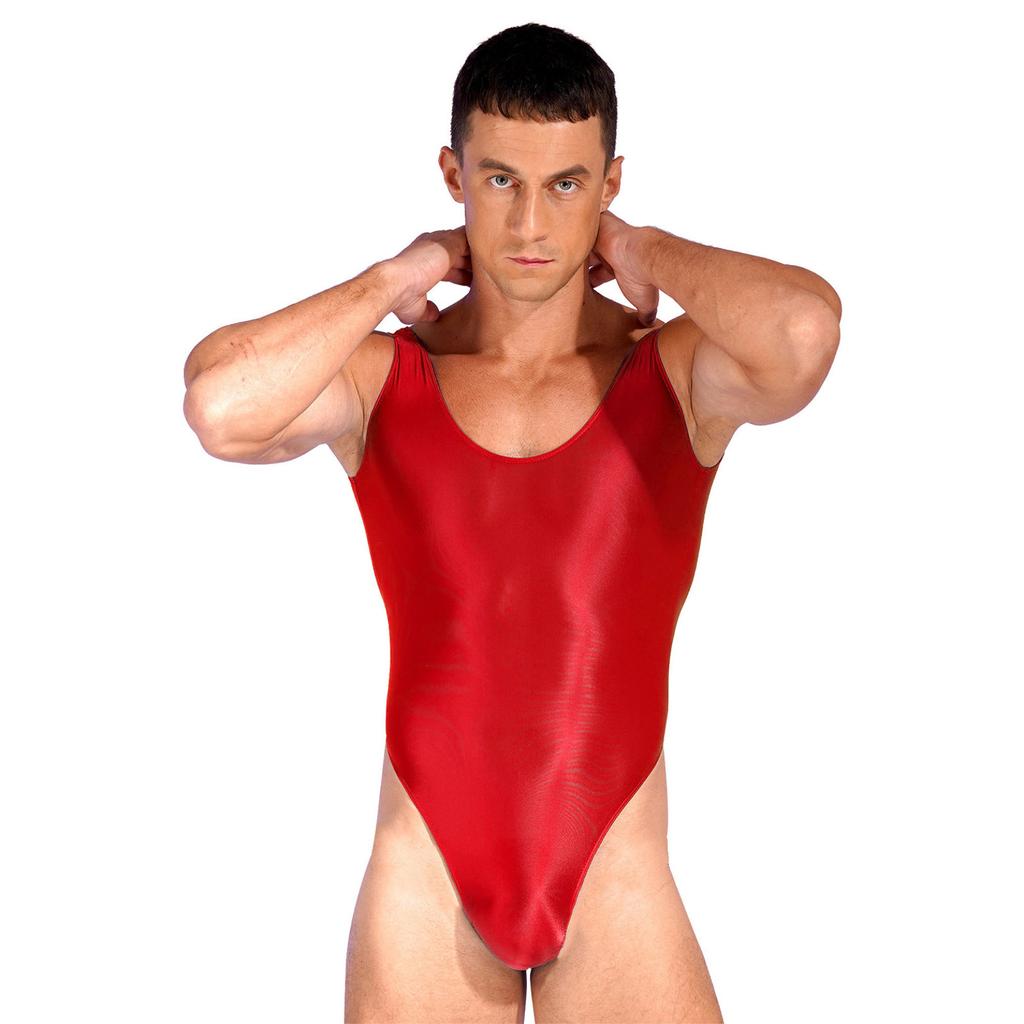 Mens Glossy Backless Bodysuit Leotard Underwear One-piece Swimsuit for Yoga Sports Fitness Swimming Clothes
