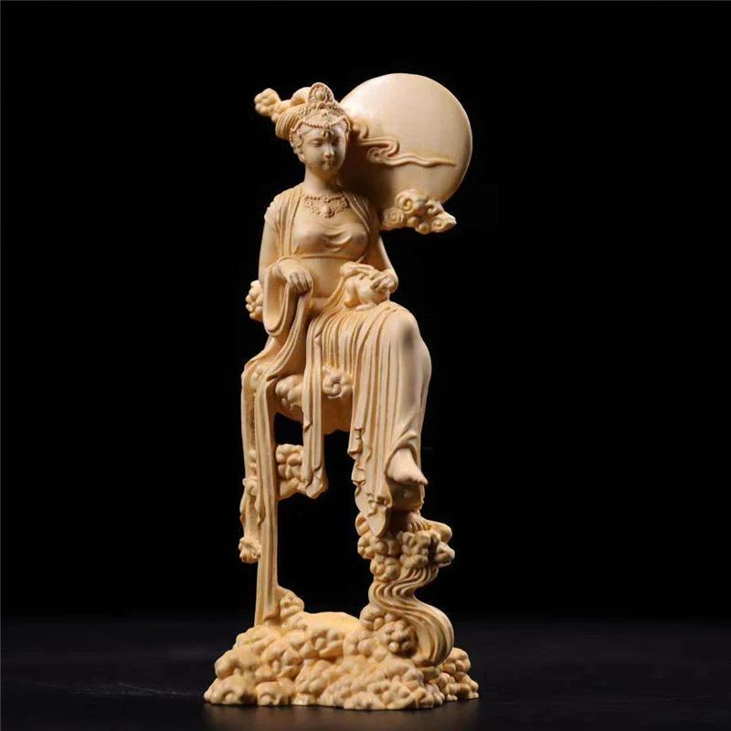 Natural Solid Wood Chang'e Fairy Characters Statue, Hand-carved Mythology, Jade Rabbit, Lmmortal, HomeRoomOffice Decoration, A