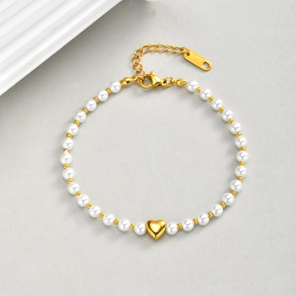 Colorful Crystal Heart-shaped Beaded Bracelet for Women,Gold Plated Stainless Steel Imitation Pearl Bracelets,Fashion Jewelry Gi