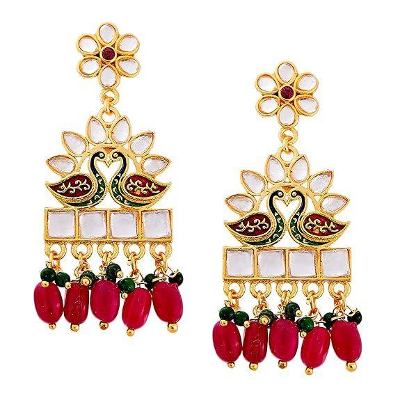 01 Jewellery Set Gold Plated Long Necklace Hyderabadi Design Pearl Peacock Necklace Set With Earring Jewellery For Women & Girls