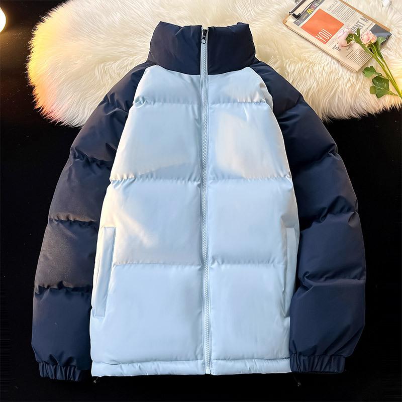 Men's White & Purple Color Block Puffer Jacket Stand Collar Warm Winter Coat