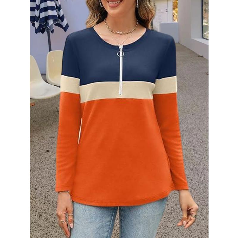 women s Color Block Striped Half Zip Round Neck Long Sleeve Loose Casual Tunic Top T‑Shirt S