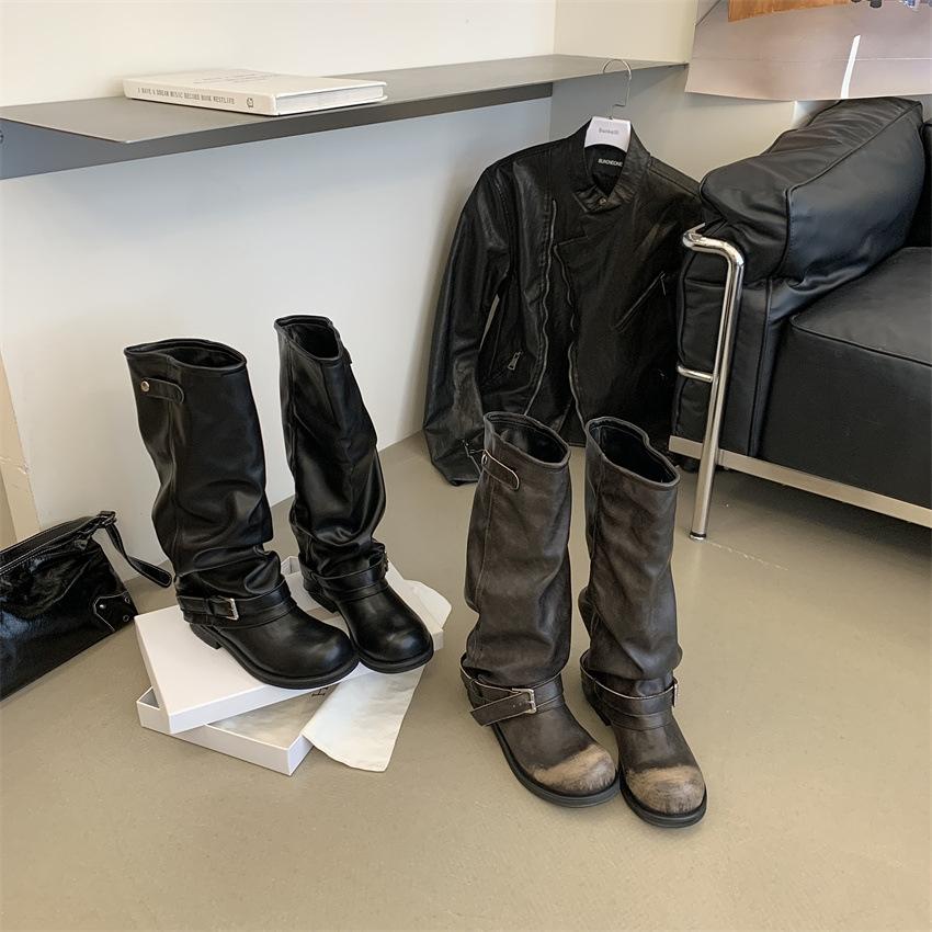 Polished Long Trouser Boots New Thick Heel Retro Spice Girl Western Cowboy Boots Black Pleated Pile Boots
