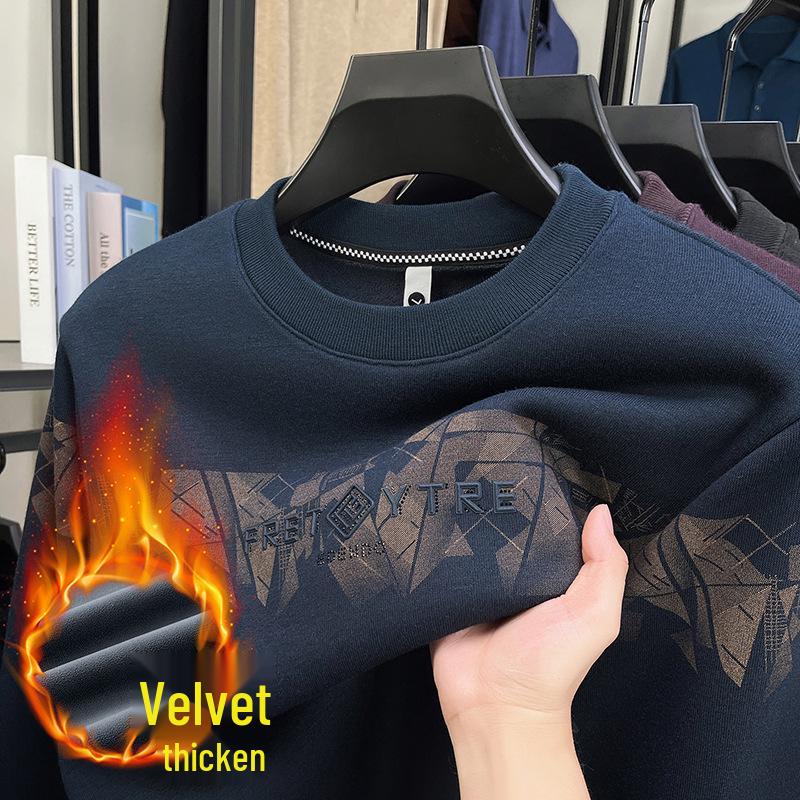 Men s Korean Style Fleece-Lined Sweatshirt - Long Sleeve, Warm, Printed Pullover 3XL синий