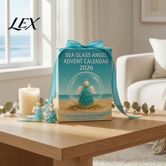 Ocean Theme Home Decor Sea Glass Angel Advent Calendar with 24 Hanging Ornaments for Christmas Tree Decoration, Exquisite Holiday Gift Box Handmade 2D