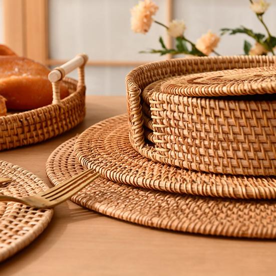 Handwoven Rattan Coaster Set Heat-Resistant Placemats for Cups Teapots Casserole Natural Eco-Friendly Rustic Table Protector for Home