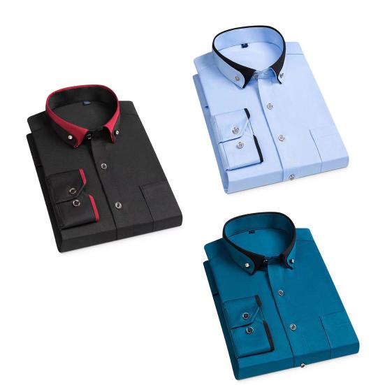 Men Shirt Formal Business Style Long Sleeve Lapel Contrast Color Single-breasted Pocket Soft Breathable Plus Size Mid Length Anti-wrinkle