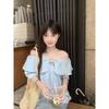 French Style Temperament Stylish Ruffles off-Shoulder Shirt Women's Clothing Summer Gentle Younger Blue off-the-Shoulder Tops