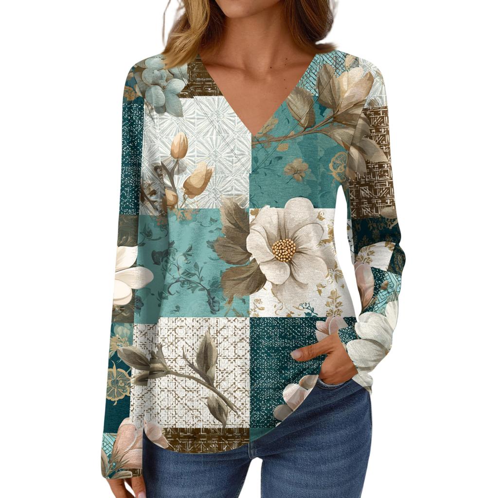 Women's Casual Fashion Brushed Retro Floral Print Long Sleeve V-Neck Top T-Shirt